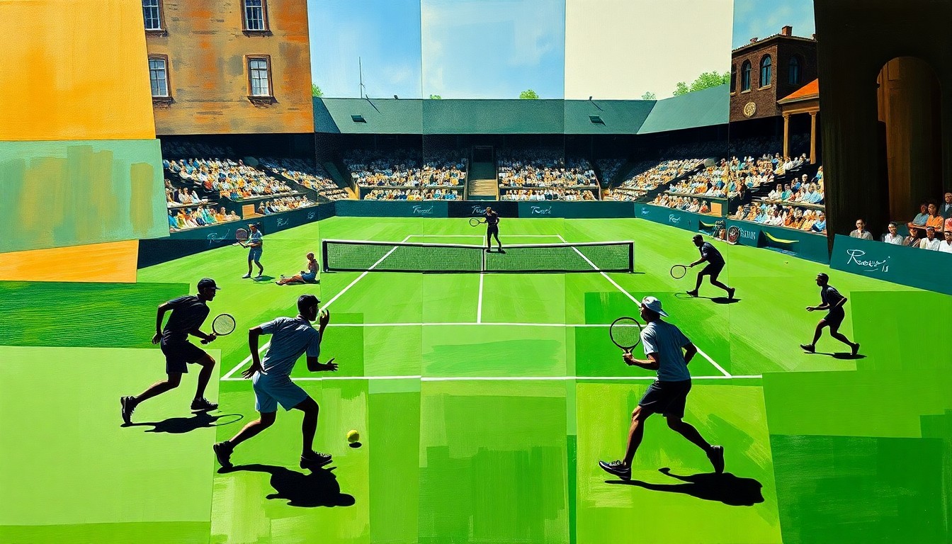 A cubist, geometric painting featuring overlapping planes of bright green tennis court, white tennis balls, and silhouetted players in motion, conceptually representing the dynamic energy of a tennis match.