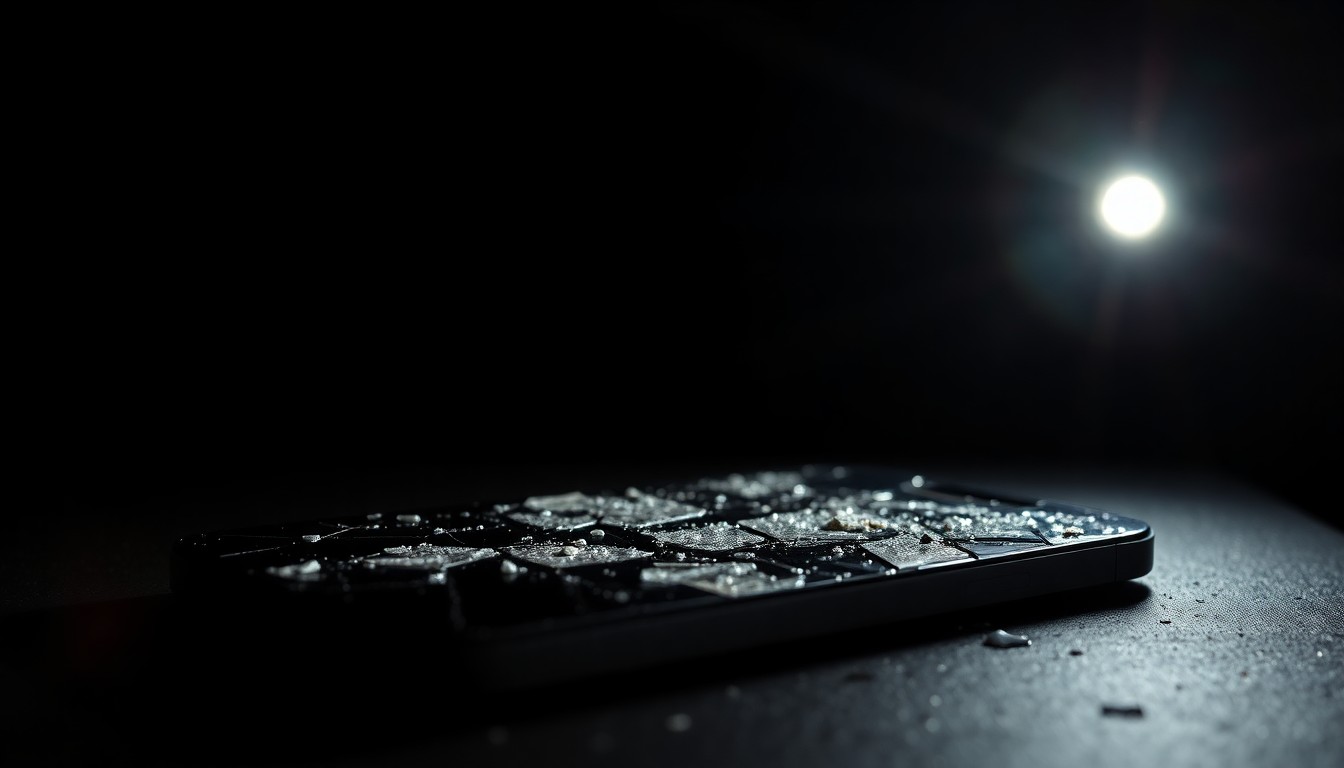 An extreme close-up photograph of a cracked and damaged electronic device, conveying a stark, gritty, and investigative aesthetic without depicting any violence or victims.