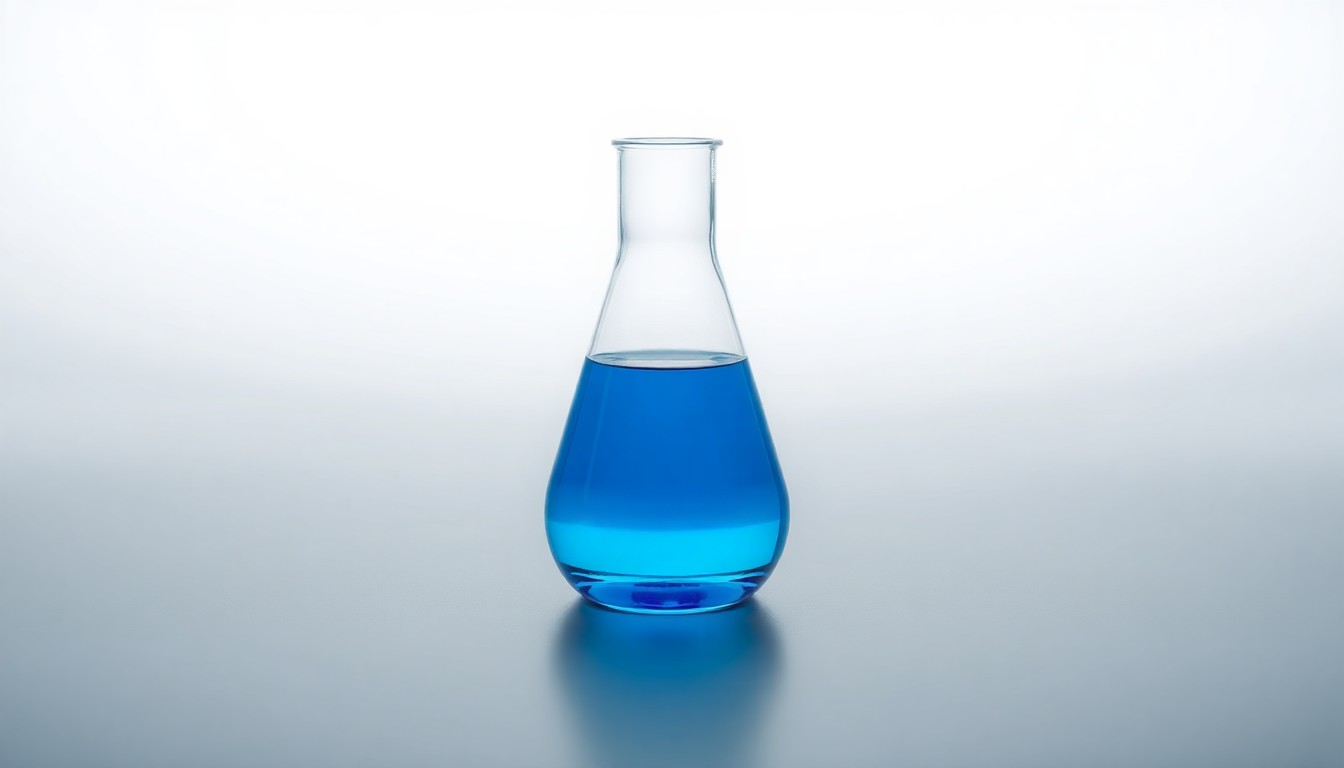 A polished glass beaker filled with a vibrant blue liquid, symbolizing the advanced pharmaceutical research and development at the heart of ZyVersa's business, set against a clean, monochromatic background with dramatic studio lighting and deep shadows.