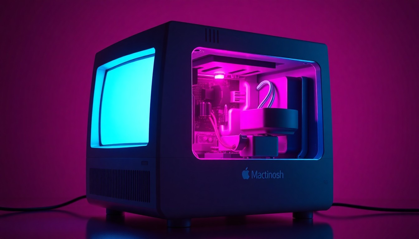 A highly detailed, glowing 3D illustration of the internal components of a classic Apple Macintosh computer, with neon cyan and magenta lights illuminating the intricate hardware, conceptually representing Apple's pioneering technology and design over the past five decades.