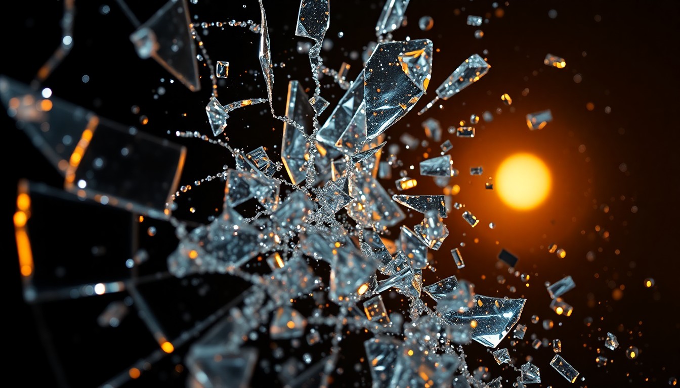 An abstract close-up image featuring shattered glass and glittering sequins, captured in high-contrast studio lighting to convey the intense emotional drama of Outlander's final season.