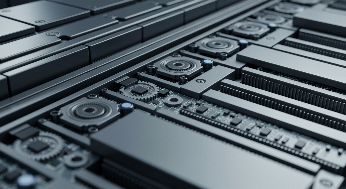 An extreme close-up of various metal and electronic components that make up the inner workings of banking and financial infrastructure, conveying a sense of the unseen mechanics that drive global finance.