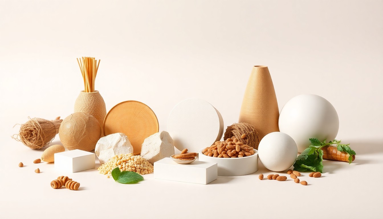 A high-end, photorealistic studio still-life photograph featuring a collection of premium, polished raw materials and clean geometric shapes arranged elegantly on a clean, monochromatic seamless background, symbolizing Edible Garden's focus on expanding into higher-margin, shelf-stable nutrition categories.
