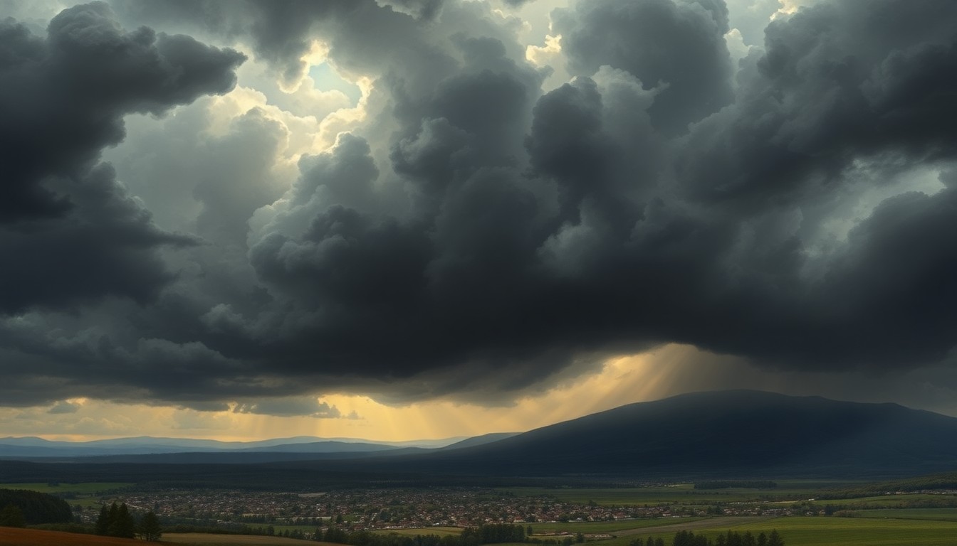 A sweeping, atmospheric landscape painting depicting a massive, ominous storm system looming over a small town in the distance, conveying the overwhelming scale and power of the approaching weather event.