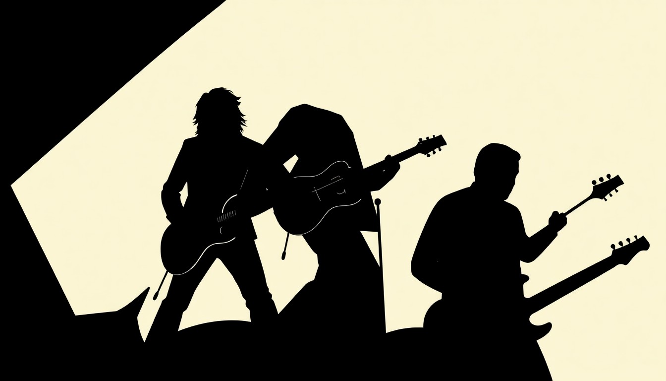 An abstract, minimalist illustration using bold, jagged black silhouettes and deep red shapes to conceptually represent the attempted attack on a rock musician by a fan who believed the music contained Satanic messages.