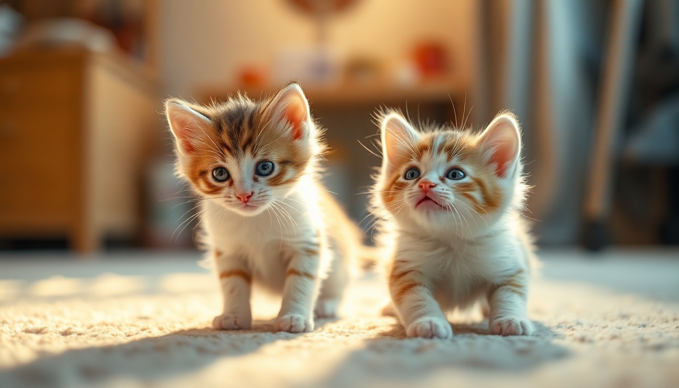 An extremely abstracted, out-of-focus photograph of two kittens playing together in a warm, softly lit home setting, conveying the intimate bond and affectionate nature of the bonded pair.