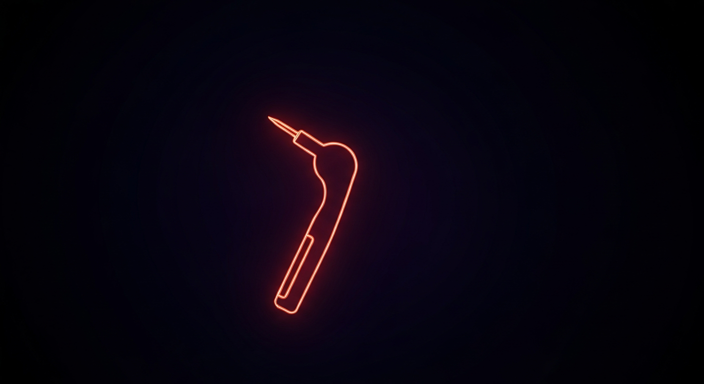A minimalist design in the style of Keith Haring, with a glowing neon outline of a dental drill or other dental tool against a dark background, conceptually representing the innovative and energetic spirit of the next generation of general dentists.