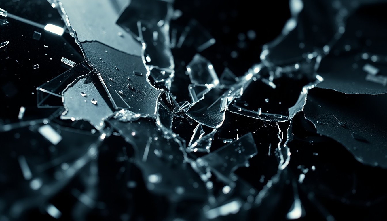 An extreme close-up photograph of shattered glass and tattered fabric, capturing the gritty, high-stakes aesthetic of the action thriller genre in an abstract, textural composition.