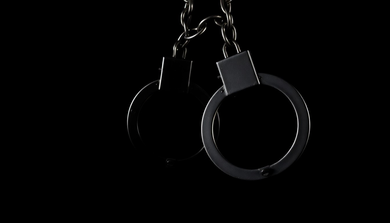 An extreme close-up photograph of a set of metal handcuffs against a stark black background, the harsh flash illuminating the cold, hard details of the restraints in a gritty, investigative style.