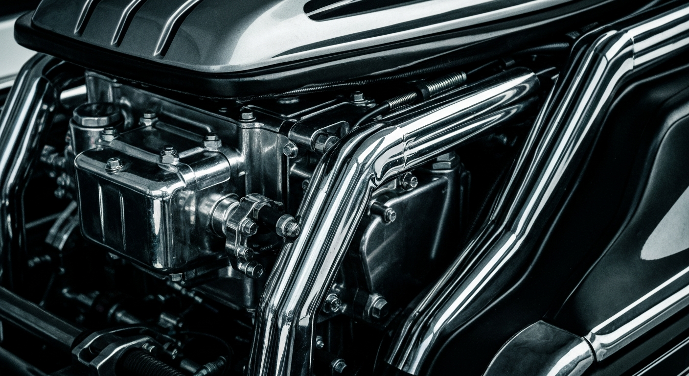 A highly detailed, cinematic close-up image of the intricate mechanical components and polished metal surfaces of a high-end recreational boat engine, captured in a dramatic, textured style that evokes the industrial photography of Margaret Bourke-White.