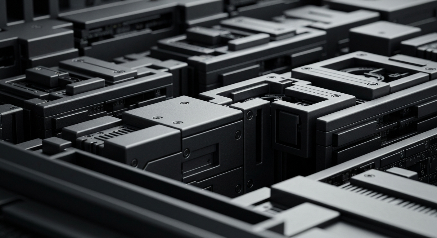 An extreme close-up of complex, heavy banking machinery and computer components in muted industrial tones, conveying the secure infrastructure and advanced technology underlying modern finance.