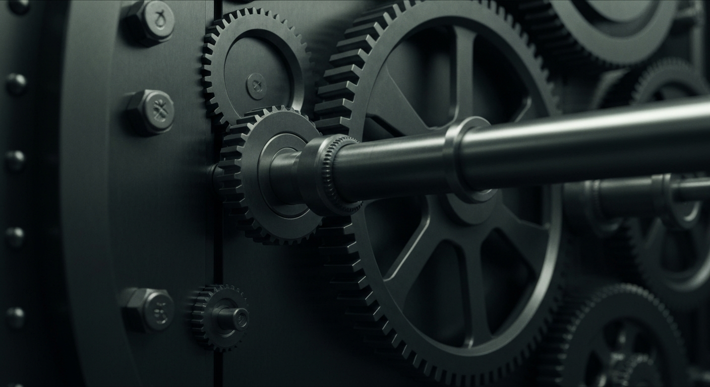 An extreme close-up of the intricate mechanical components of a bank vault, conveying the heavy, industrial nature of financial security and stability.