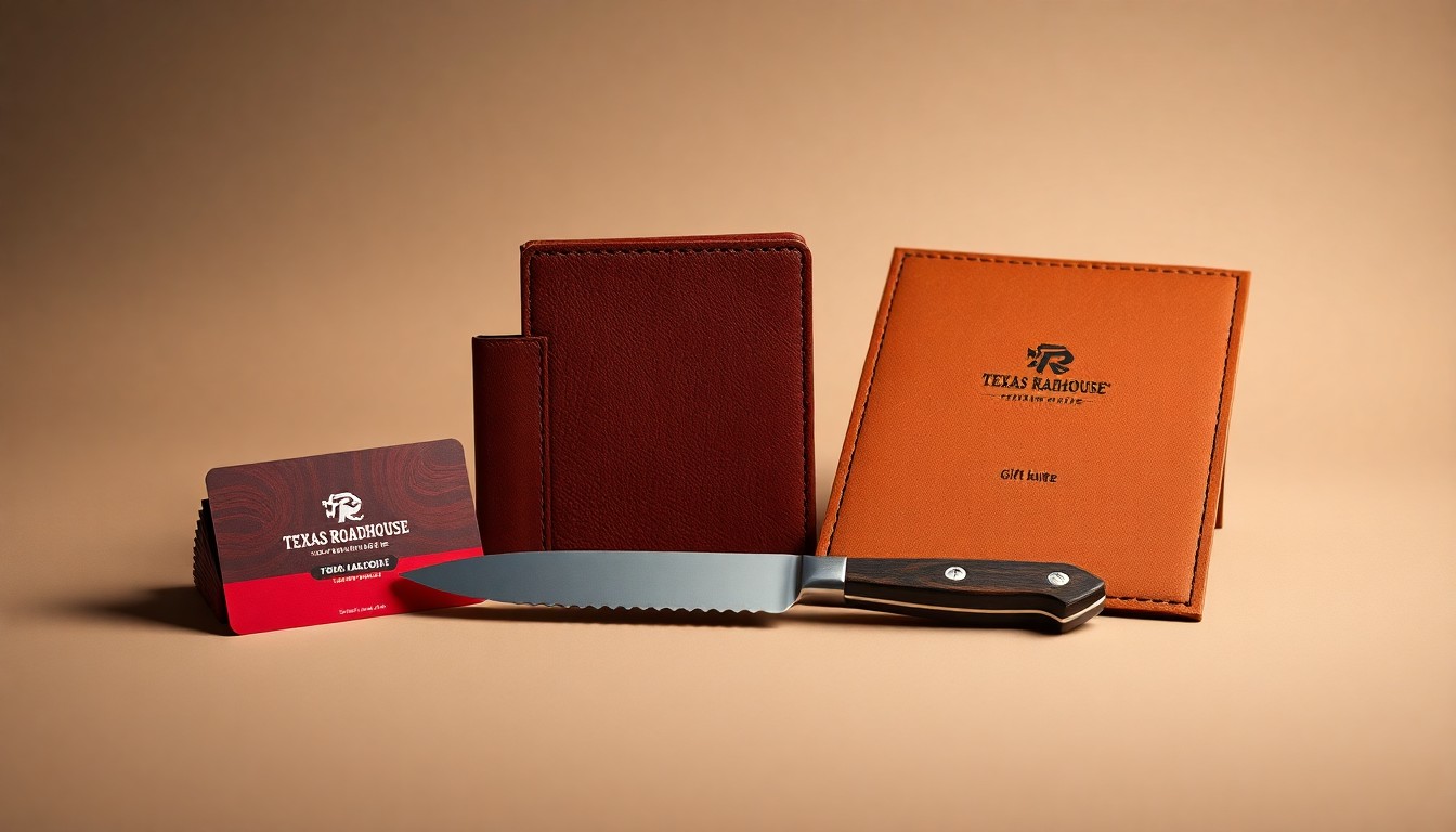 A photorealistic studio still life featuring a stack of Texas Roadhouse gift cards, a set of steak knives, and a leather-bound menu, arranged elegantly on a clean, monochromatic background to symbolize the brand's premium quality and strategic positioning.