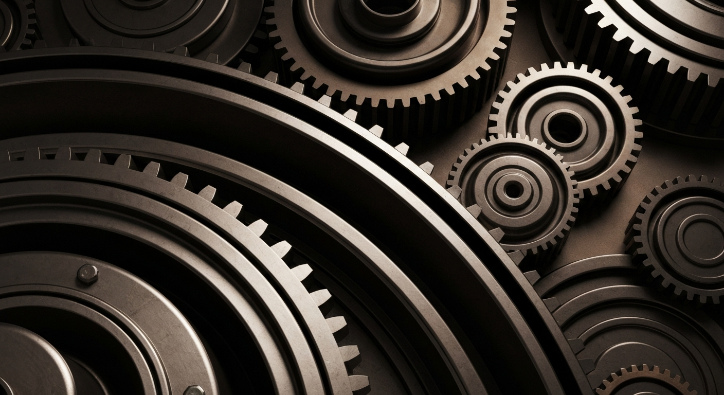An extreme close-up of a complex array of industrial gears, levers, and mechanical components in shades of steel grey, bronze, and black, conceptually representing the financial and manufacturing infrastructure that powers the recreational vehicle industry.