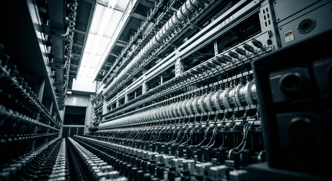 An extreme close-up of the gears, circuits, and metal components of a large telecommunications switching station, conveying the complex and industrial nature of modern communications networks.