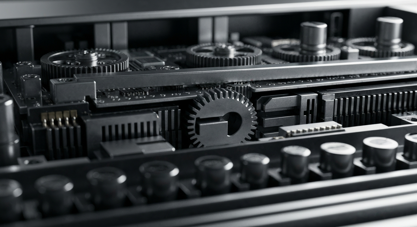 An extreme close-up of the intricate mechanical and electronic components that power Visa's global payment processing network, conveying the secure, industrial infrastructure behind digital transactions.