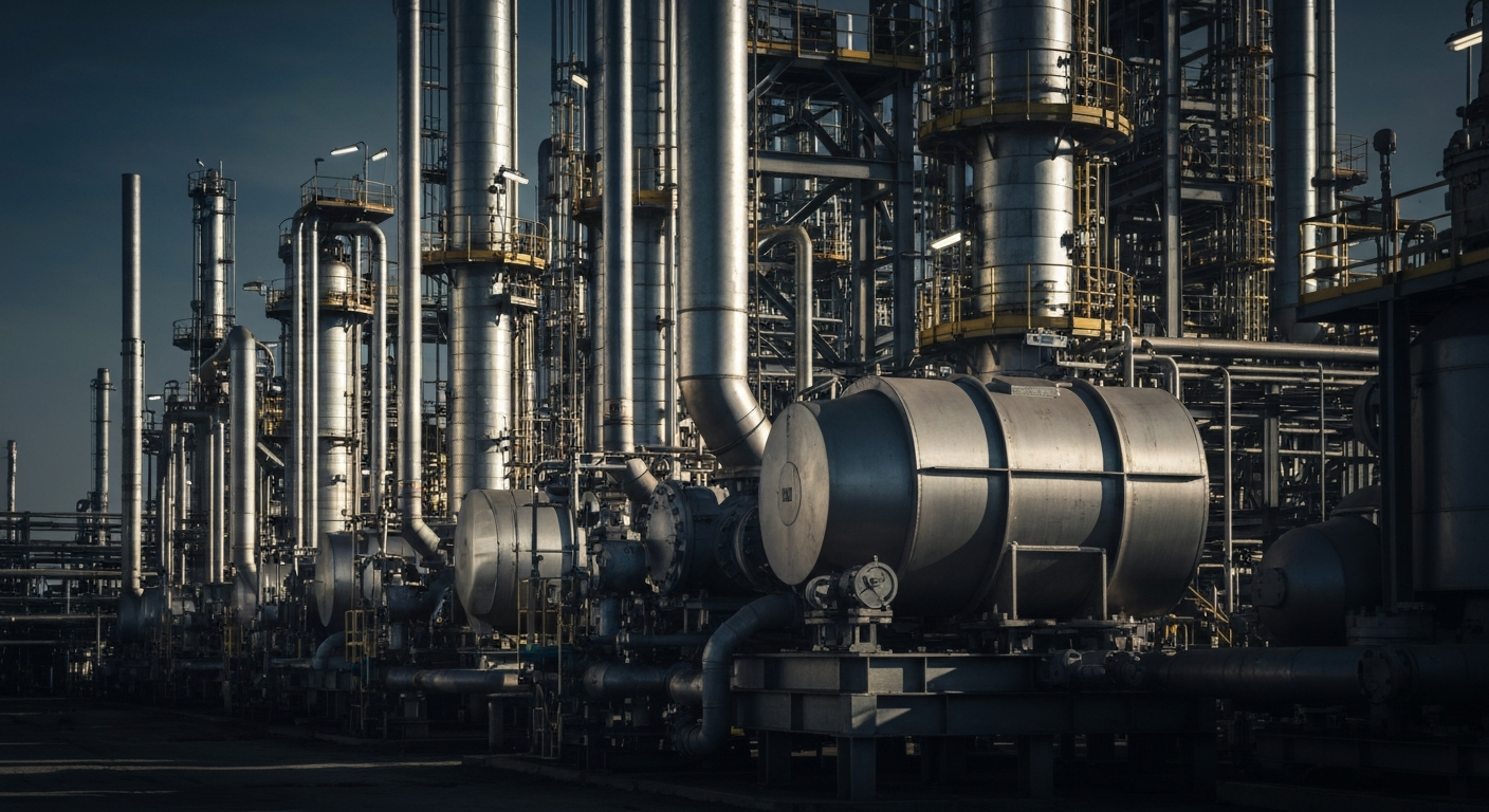 An extreme close-up of gleaming, intricate oil refining equipment and pipes, conveying the industrial scale and technical complexity of Exxon Mobil's operations.