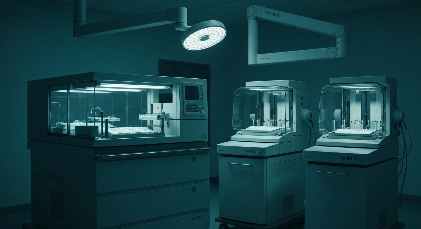 An extreme close-up of complex, highly engineered medical testing equipment and machinery, conveying the advanced nature of Natera's genetic diagnostics without using any text or identifiable elements.