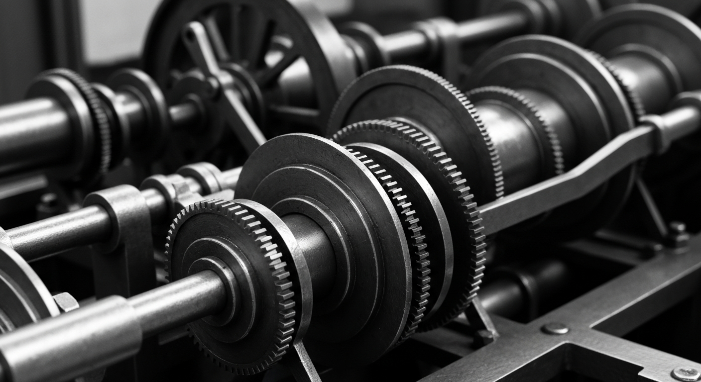 A high-contrast, close-up image of the complex inner workings of a financial institution, conveying a sense of the hidden mechanisms that drive the economy.