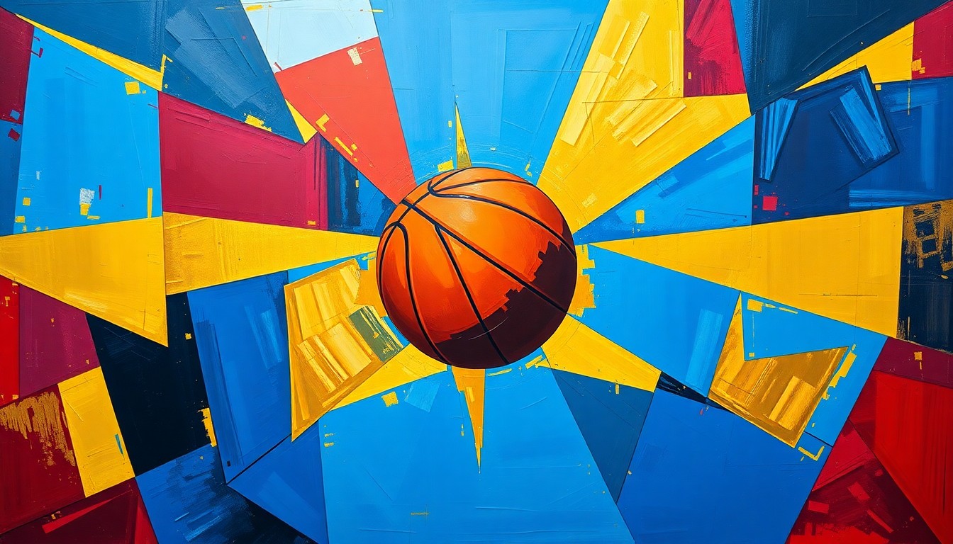 A cubist-style painting depicting a fragmented, geometric representation of a women's basketball game, with sharp planes of blue, red, and gold hues.