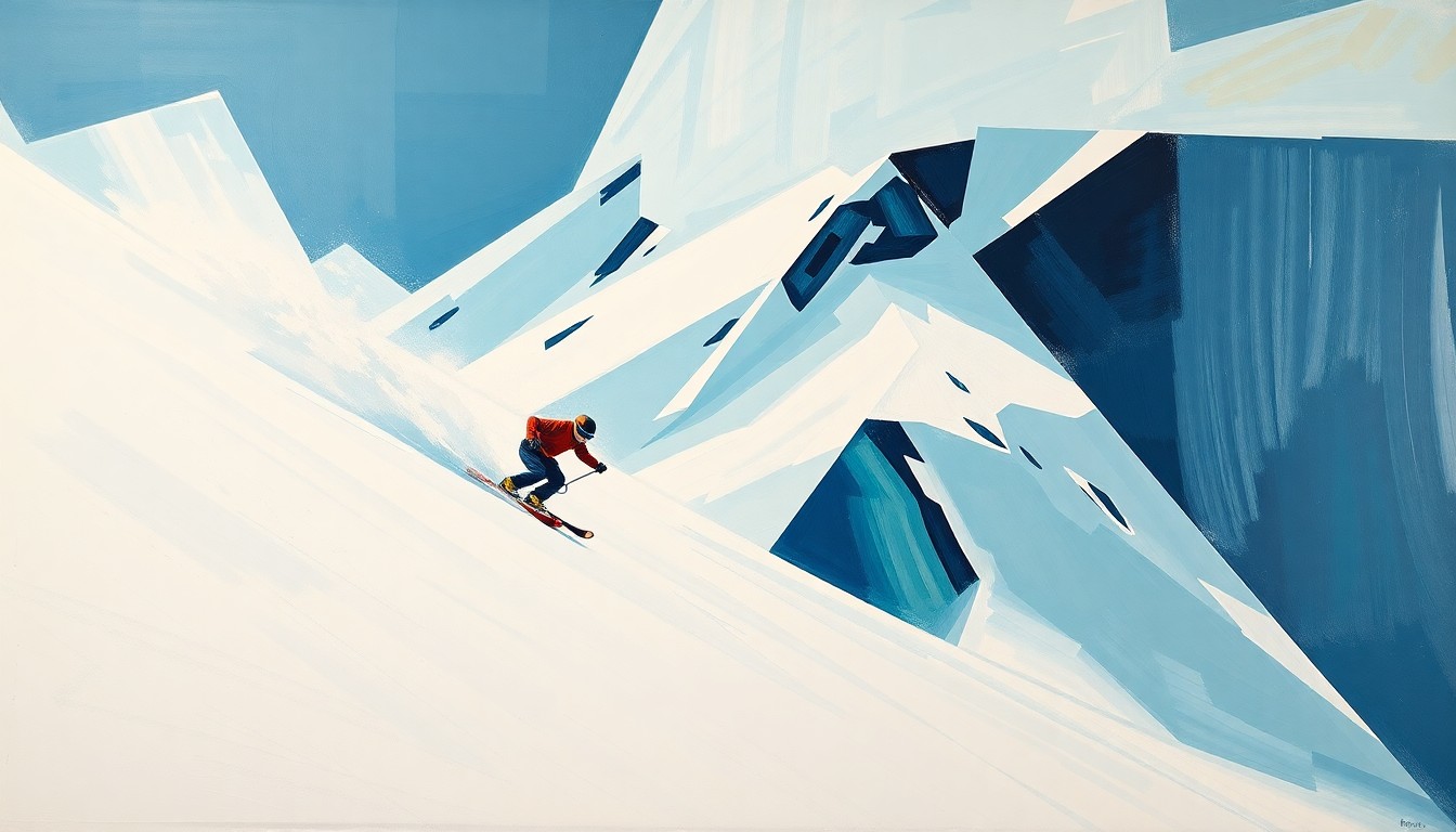 A cubist, geometric painting depicting a skier in mid-turn on a snowy slope, with sharp, overlapping planes of white, blue, and green representing the dynamic motion and energy of the competition.