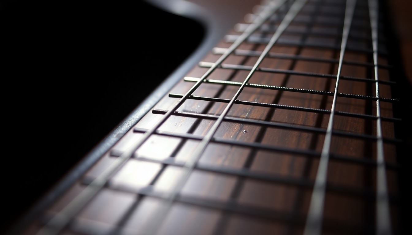 An extreme close-up photograph of the textured metal and wood of Noah Kahan's guitar strings, captured in dramatic studio lighting to create a high-contrast, glamorous aesthetic that reflects the intimate nature of the upcoming documentary.