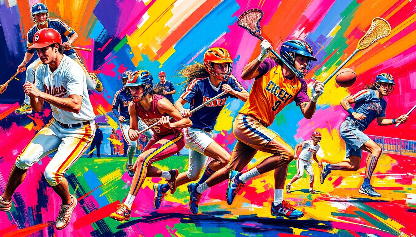 An abstract, energetic painting with vibrant neon brushstrokes in shades of blue, green, and orange, capturing the dynamic movements and raw athleticism of high school sports players in action.