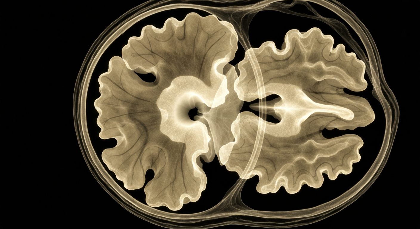 An extreme close-up X-ray image revealing the intricate internal structures of a walnut and almond as glowing, ghostly lines against a dark background, conceptually illustrating the brain-boosting nutrients contained within these nuts.