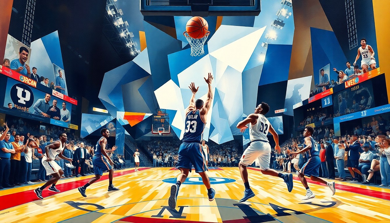 A fractured, cubist painting depicting the final moments of the UConn-Duke basketball game, with angular geometric shapes and planes of color representing the players' movements and the trajectory of the game-winning shot.