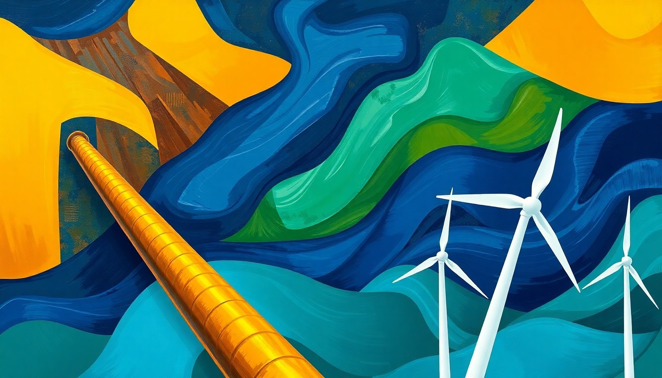 A vibrant, abstract painting of overlapping, geometric shapes in shades of blue, green, and amber, conveying the dynamic tensions in Maryland's energy policy.