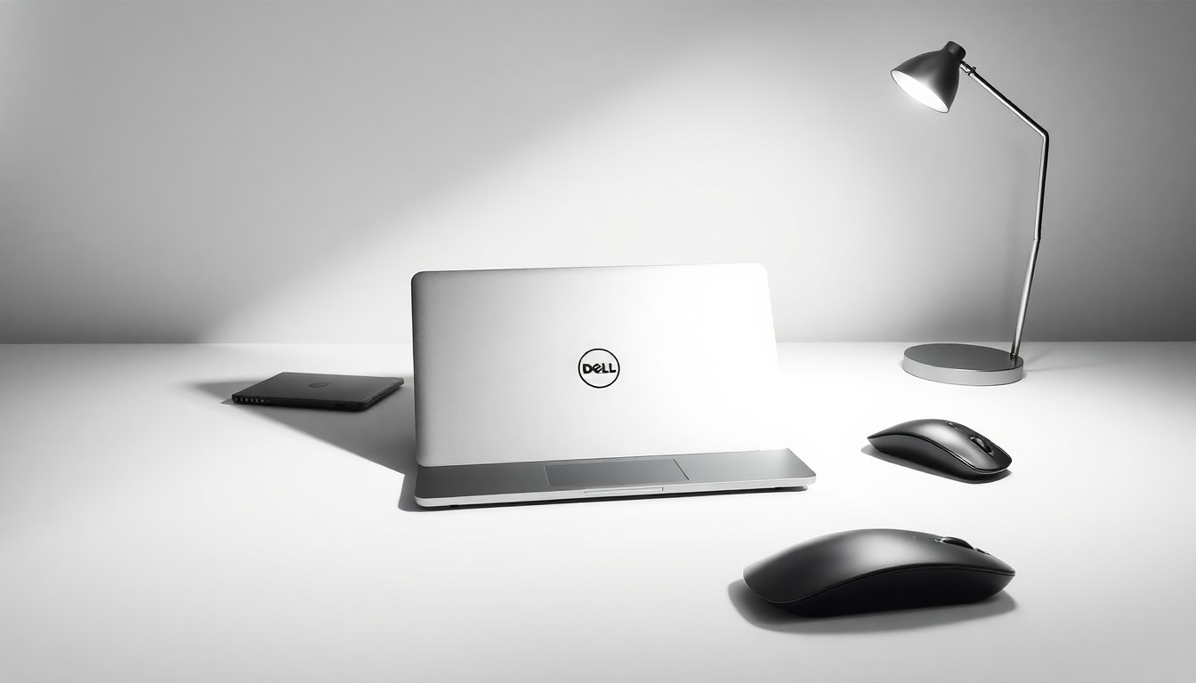 A high-end, photorealistic studio still-life photograph featuring a sleek, metallic Dell laptop computer resting on a clean, monochromatic seamless background, surrounded by other premium corporate objects, conveying the abstract concepts of technology, innovation, and corporate strategy.