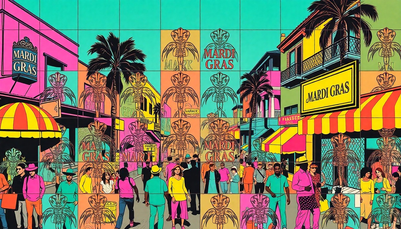 A vibrant, silkscreen-style grid of a historic mural depicting a lively Mardi Gras scene, conceptually representing the preservation of Mobile's cultural heritage.