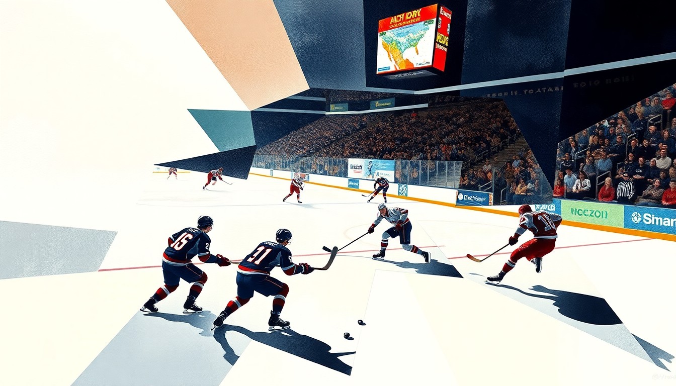 A fractured, multi-perspective painting depicting a hockey game, with players and the puck represented as abstract shapes and forms, the ice and arena fading into the background, conveying the raw energy and intensity of the sport.