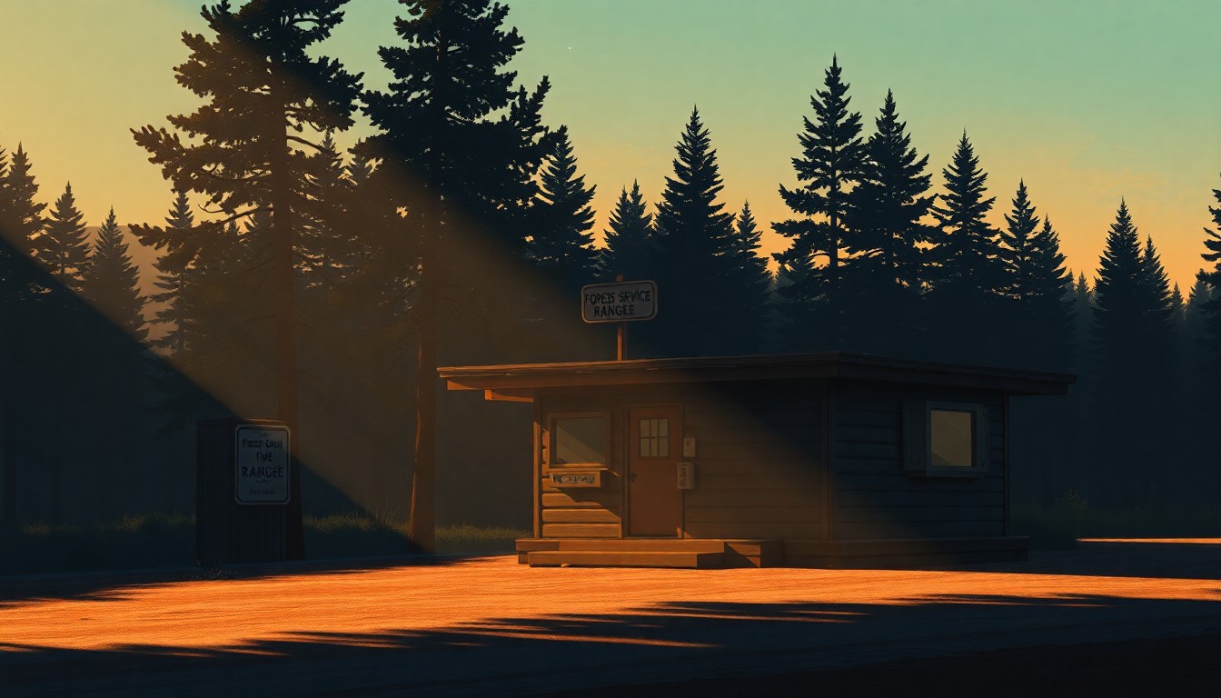 A serene, painterly scene of a lone Forest Service ranger station in a remote, mountainous landscape, with warm sunlight casting dramatic shadows across the building's facade.