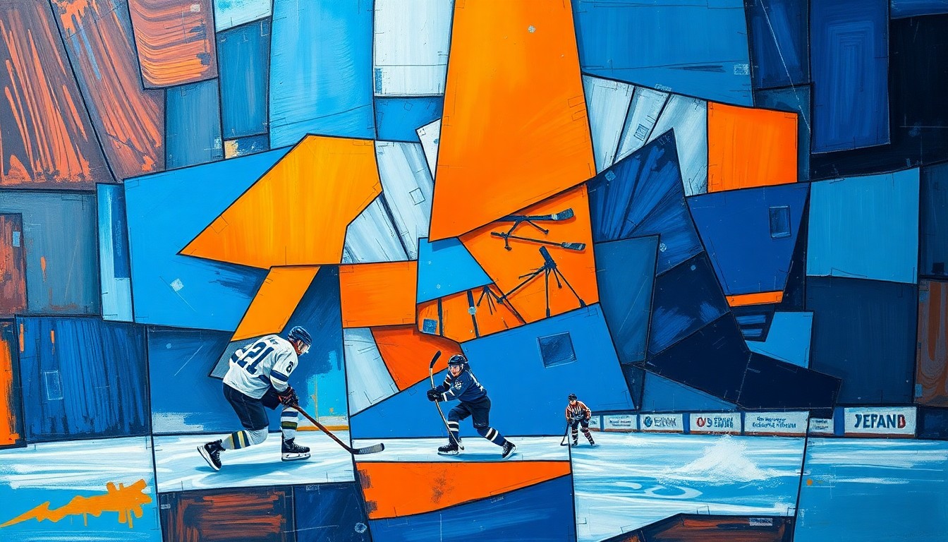 A fractured, cubist-style painting depicting a hockey game, with sharp geometric shapes in vibrant colors like blue, orange, and silver, conceptually representing the Islanders' struggle to overcome a key injury as they chase a playoff spot.