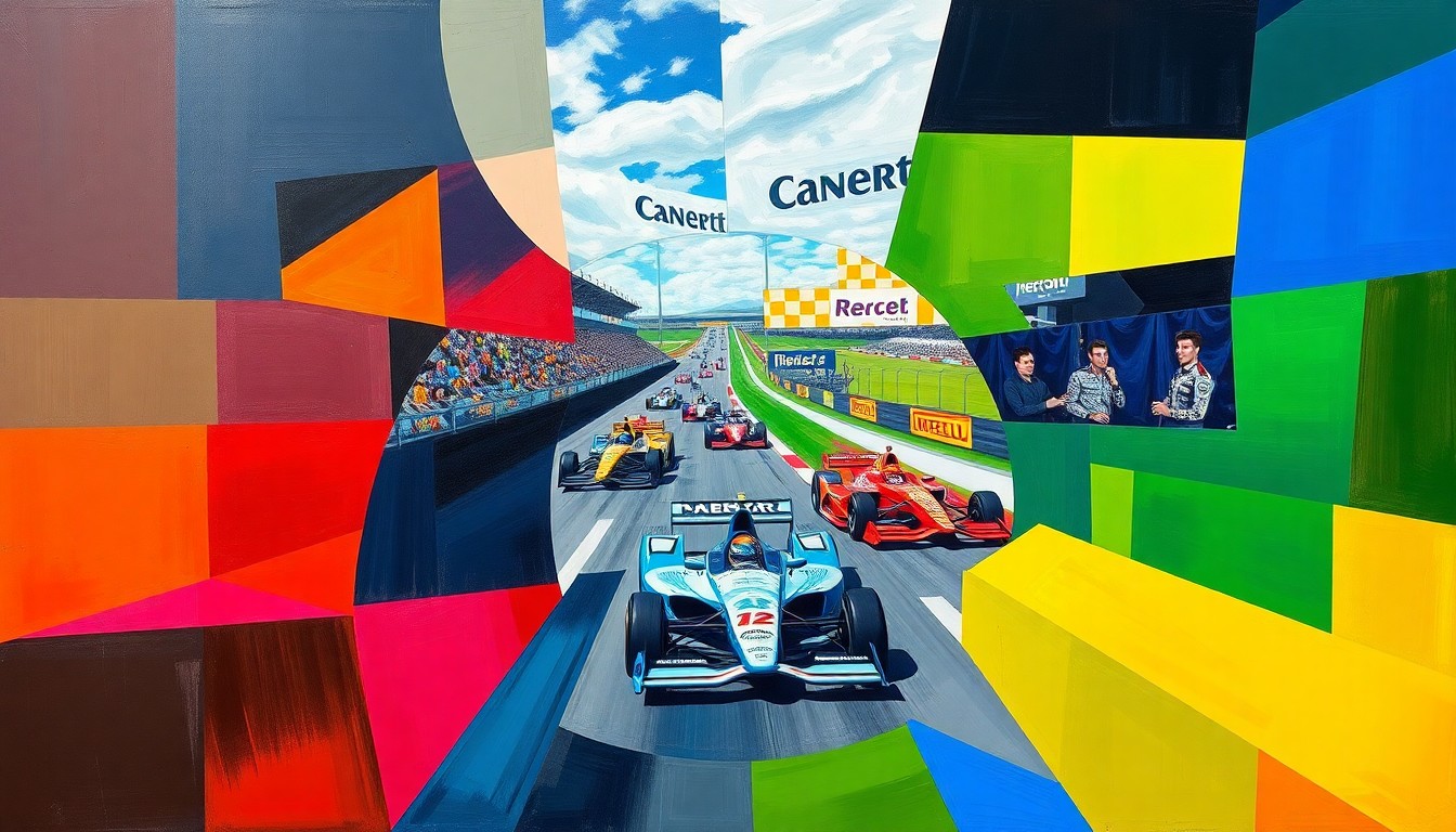 A fragmented, geometric painting in bold colors representing an IndyCar race, conceptually illustrating the sport's struggle to maintain its television audience.