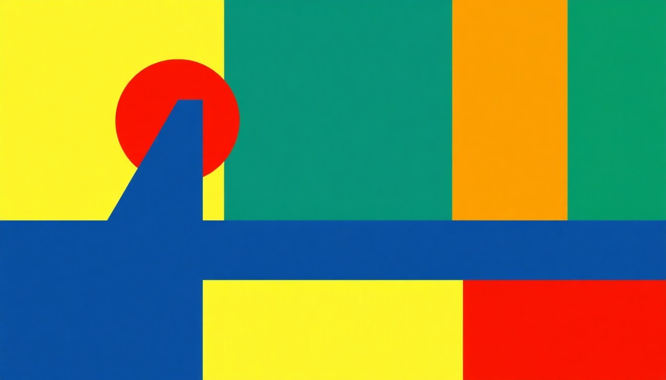 A minimalist composition of overlapping triangles and rectangles in shades of blue, red, and yellow, conceptually representing the complex and opaque nature of credit ratings.