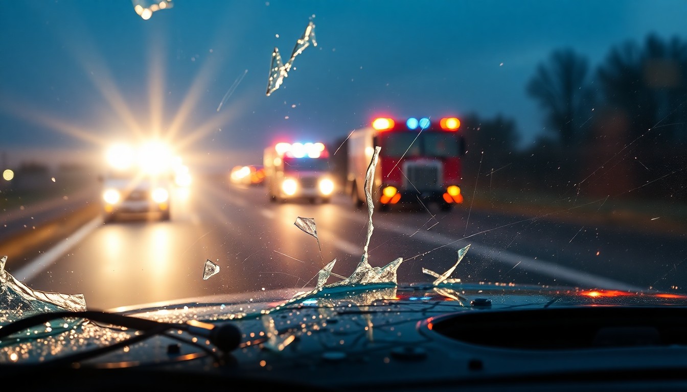 An extreme close-up photograph of a car's shattered windshield reflecting the flashing lights of emergency vehicles, conceptually illustrating the grim aftermath of a serious collision on a rural highway.