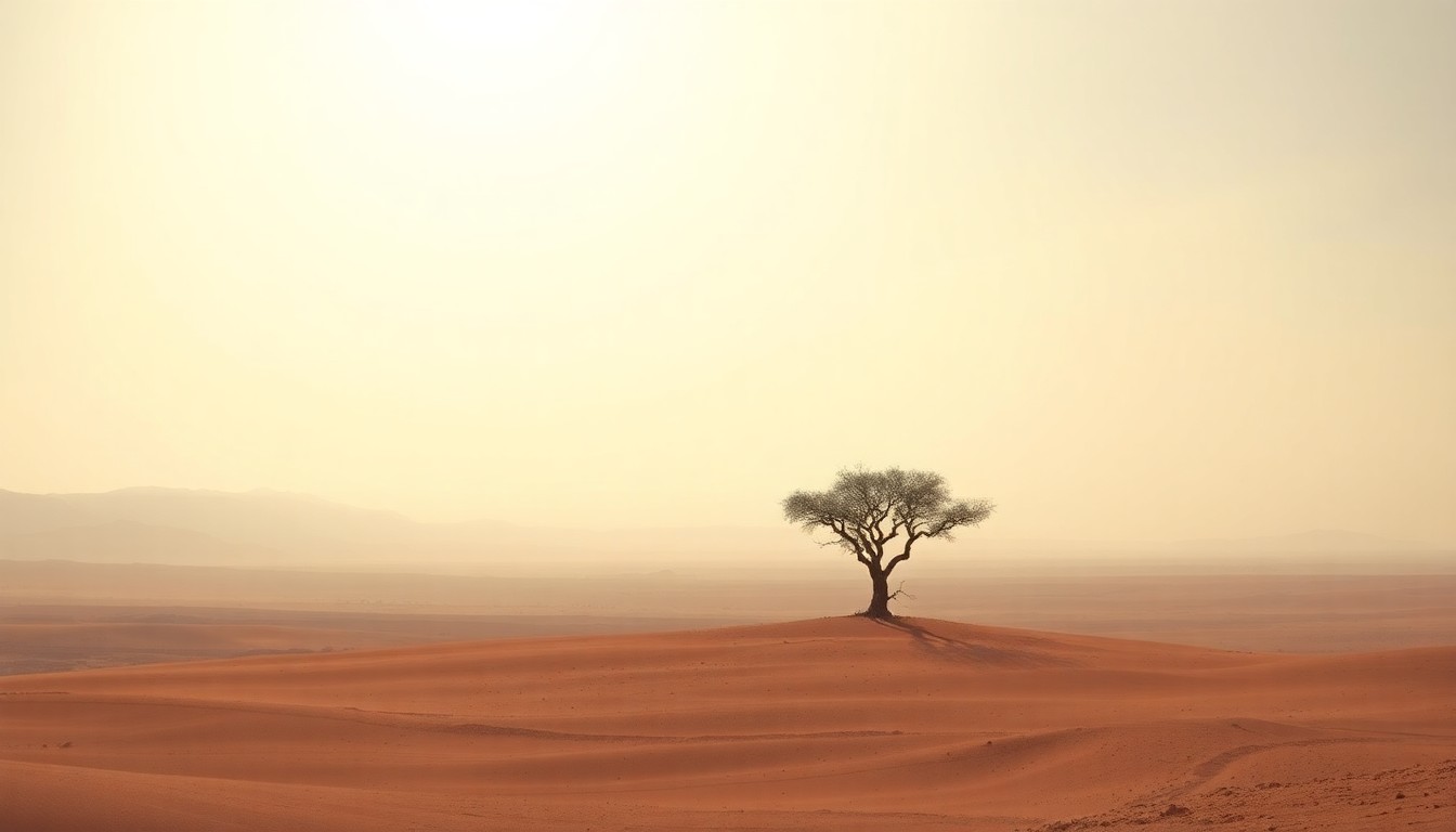 A sweeping desert landscape painting with a lone, twisted tree in the foreground, dwarfed by the vast, hazy sky above, conveying the overwhelming scale of the natural environment and the vulnerability of human habitation in the face of extreme heat.