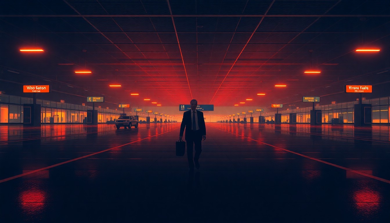 A dimly lit, cinematic painting of a lone figure hurrying through an empty airport terminal, their face obscured by shadow, conveying a sense of political crisis and dysfunction.