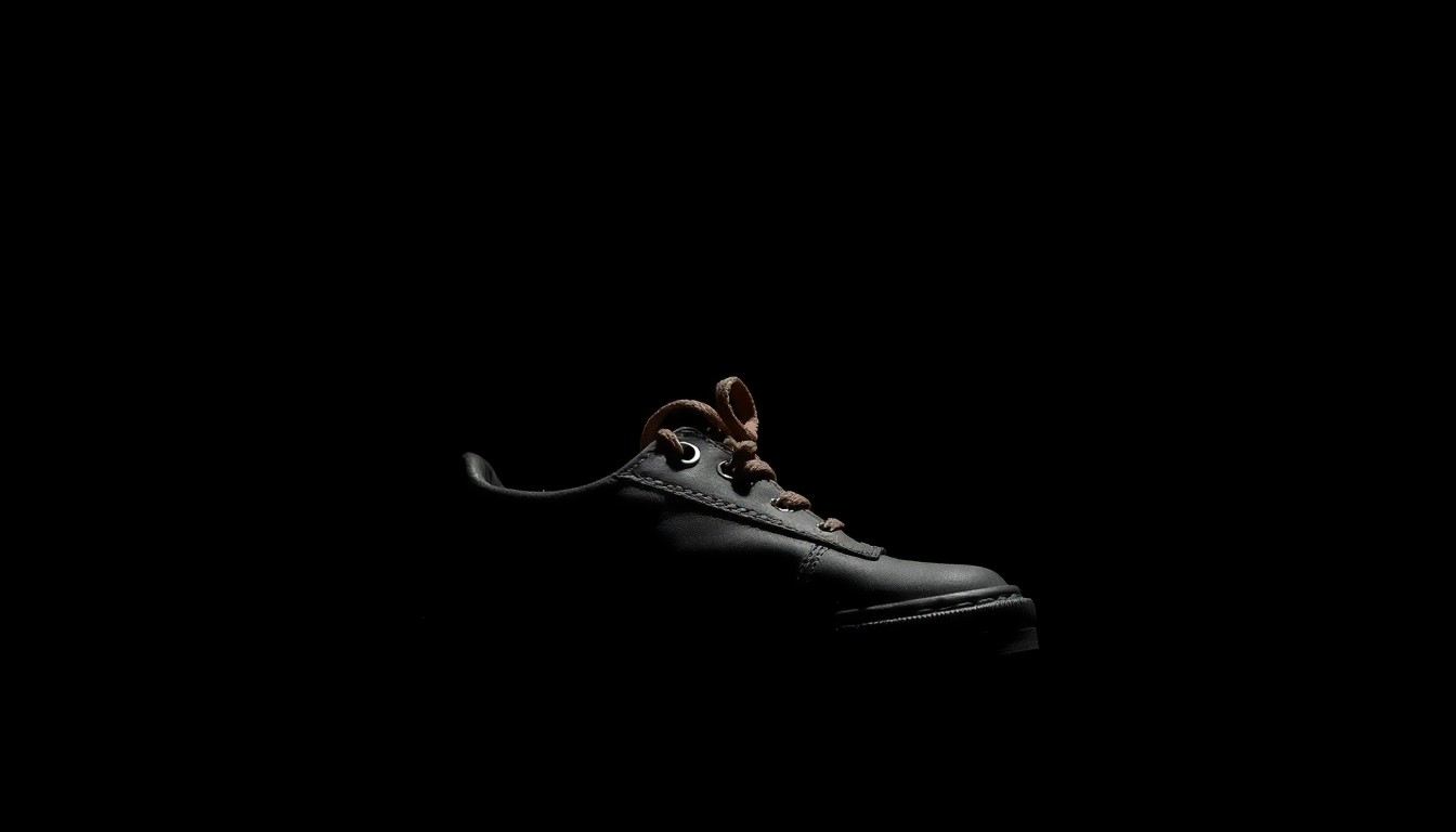 An extreme close-up of a worn, scuffed child's shoe against a stark black background, conveying the urgency and gravity of a missing child case.