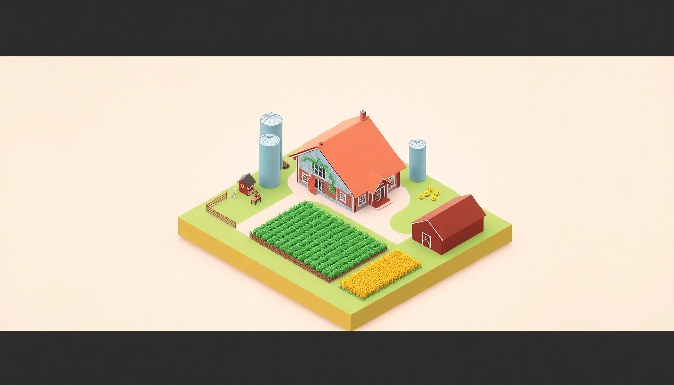 A colorful, minimalist 3D illustration depicting a stylized farm with a house, barn, silos, and fields, representing the Eickman Family's multi-generational agricultural operation and their recognition as exemplary stewards of the land.