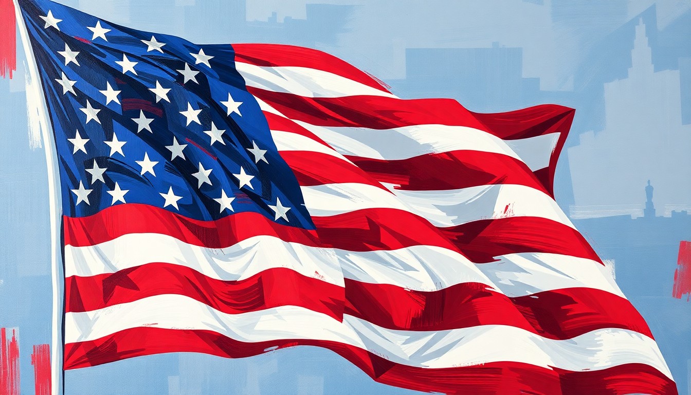 A fractured, abstract painting of an American flag waving in the wind, with overlapping geometric shapes and brushstrokes in red, white, and blue, conveying a sense of political unrest and uncertainty.