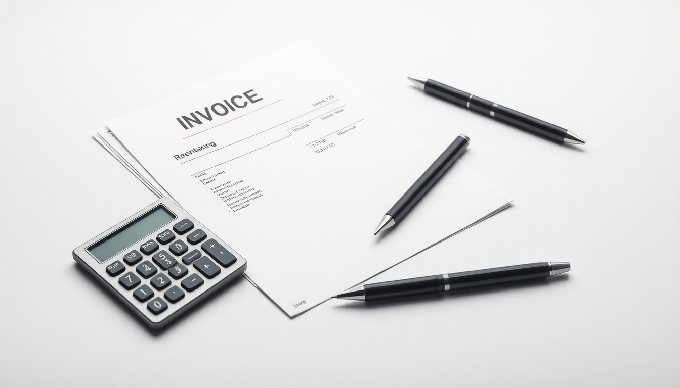 A high-end studio still life photograph featuring a stack of invoices, a calculator, and a pen arranged elegantly on a clean, white background, symbolizing the importance of proper accounts payable management for corporate finance and compliance.