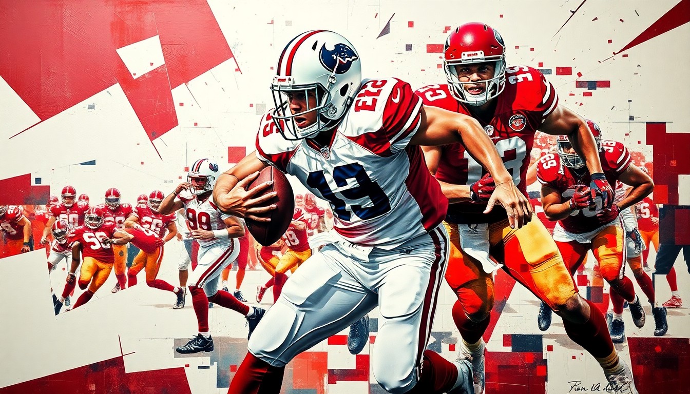 A fragmented, cubist-style painting depicting a football player in the act of rushing the passer, with their body broken down into sharp, overlapping geometric shapes in maroon and white colors, conveying the raw power and dynamism of elite defensive talent.