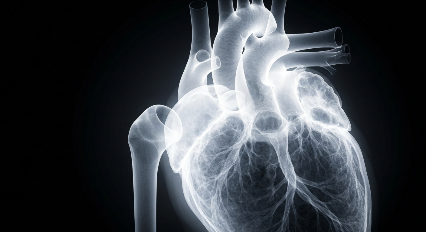 A highly detailed, translucent X-ray photograph of a human heart, revealing its intricate internal structures in ghostly lines against a dark background, conceptually representing the webinar's focus on circulating toxins and personalized biomarker-driven care.