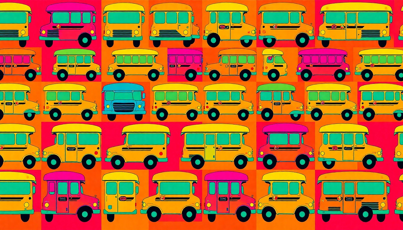 A brightly colored, high-contrast silkscreen print of a school bus icon repeated in a tight grid pattern, capturing the celebratory energy of an education leader's national appointment.
