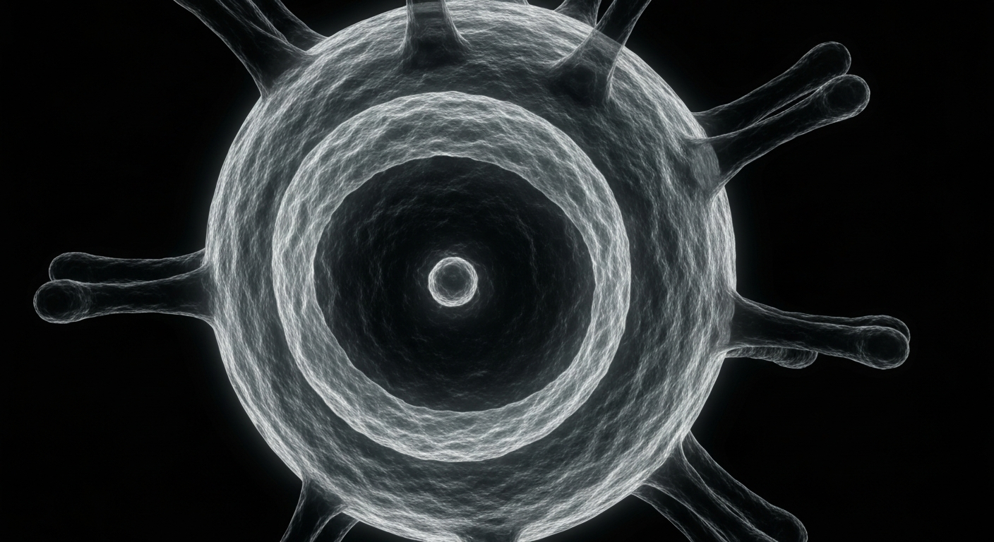 A ghostly, translucent X-ray photograph revealing the intricate internal structure of a herpes virus particle, conceptually illustrating the need for thorough medical evaluation of supplements targeting viral conditions.