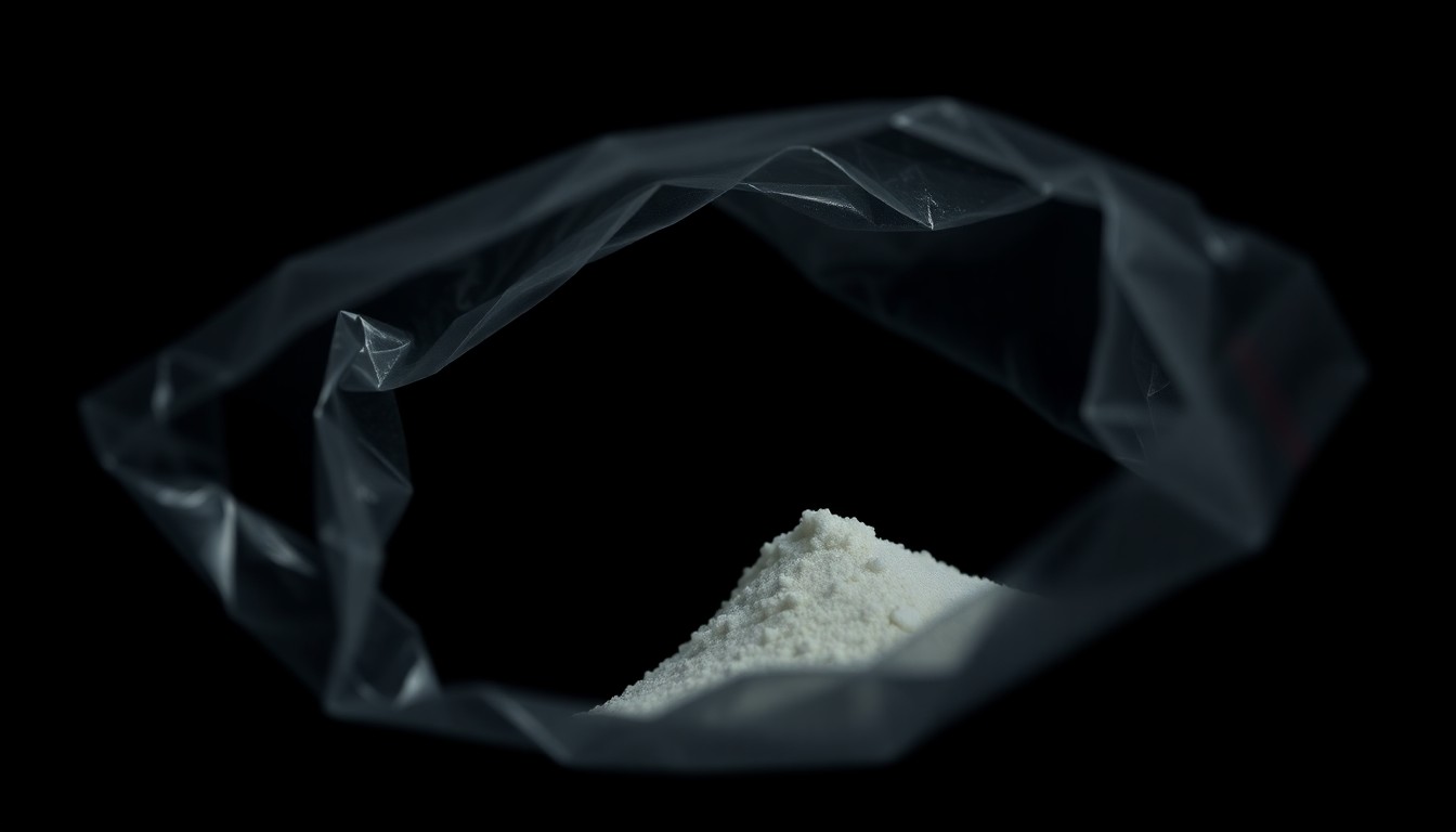 An extreme close-up of a small plastic bag filled with white crystalline powder, reflecting the harsh light of a camera flash against a pitch-black background, conveying the stark and serious nature of a federal drug trafficking case.