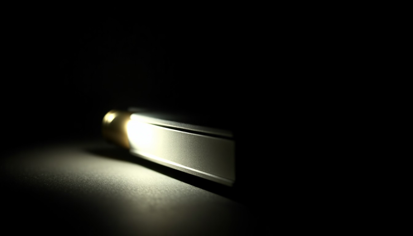 An extreme close-up photograph of a gun magazine or spent shell casing, lit dramatically with a harsh flash against a dark background, conceptually representing the violence and investigation surrounding the deadly shooting at a VA clinic.